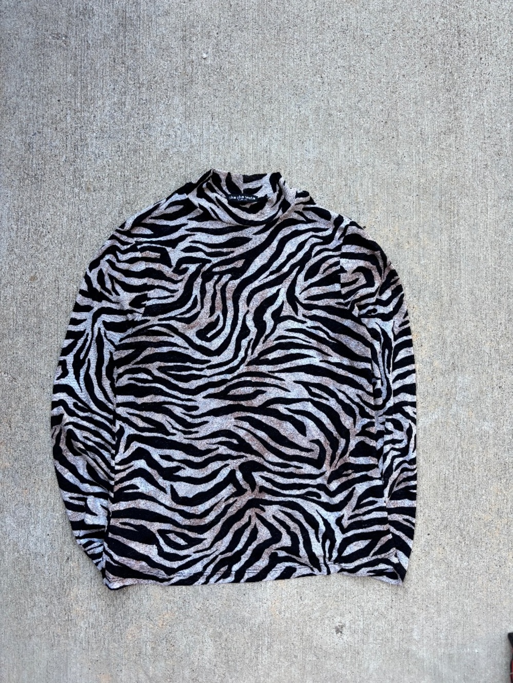 Vintage Cha Cha Vente Zebra Print Mock Neck Long Sleeve Top Sheer Knit M